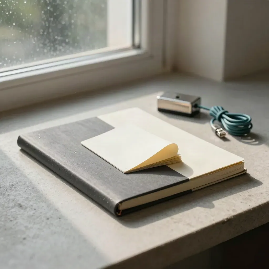 Premium consultancy toolkit on a stone workbench with folder, notebook, cards, paperweight and Ethernet lead.