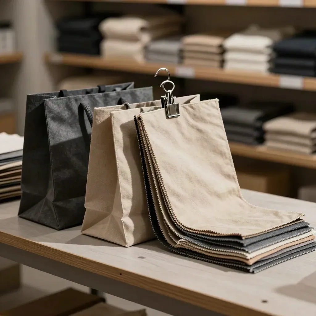 Canvas shopping bags, metal clip, and fabric swatches on a pale wood bench