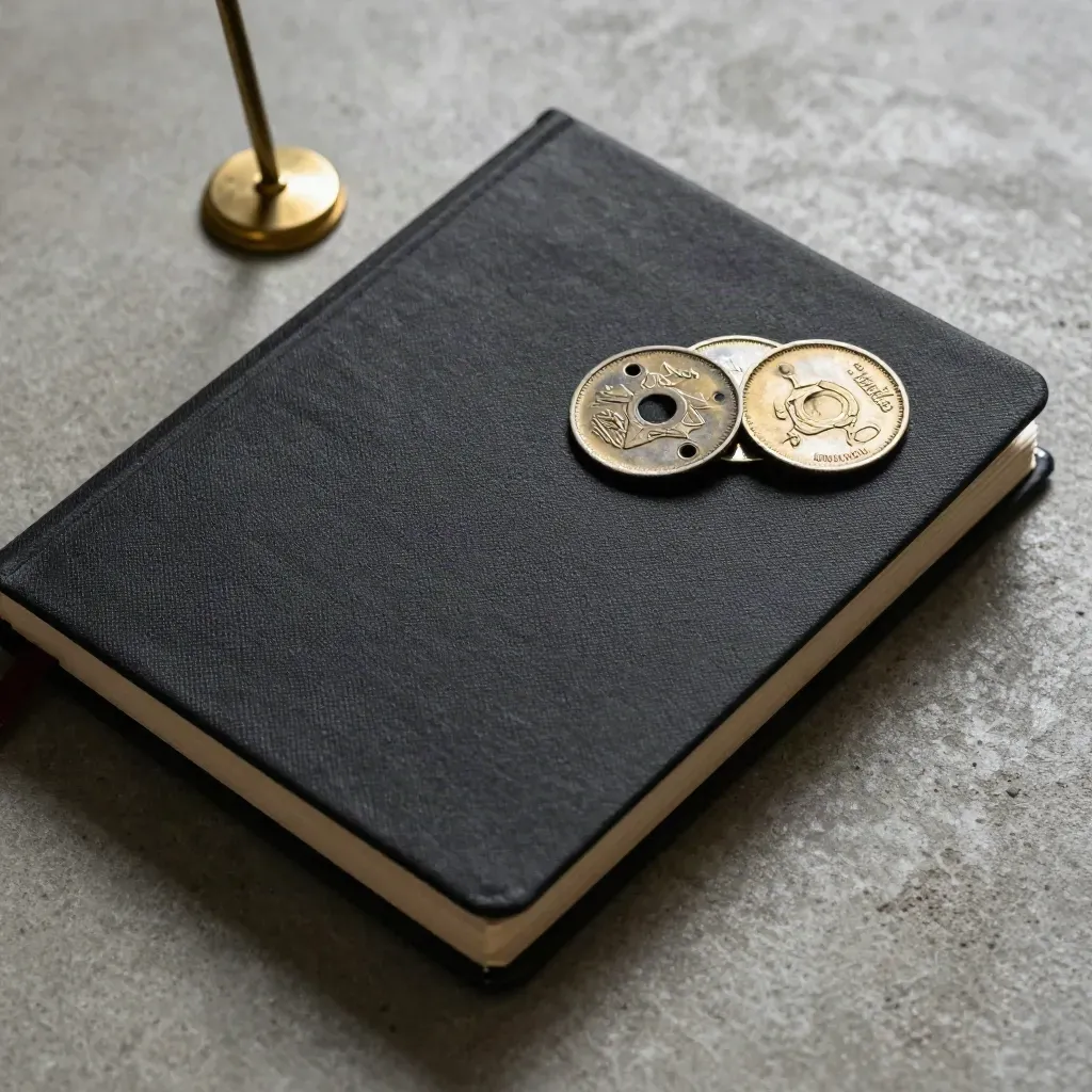 Matte black ledger, brass pen stand, and three metal weight discs on concrete with hard skimming light.