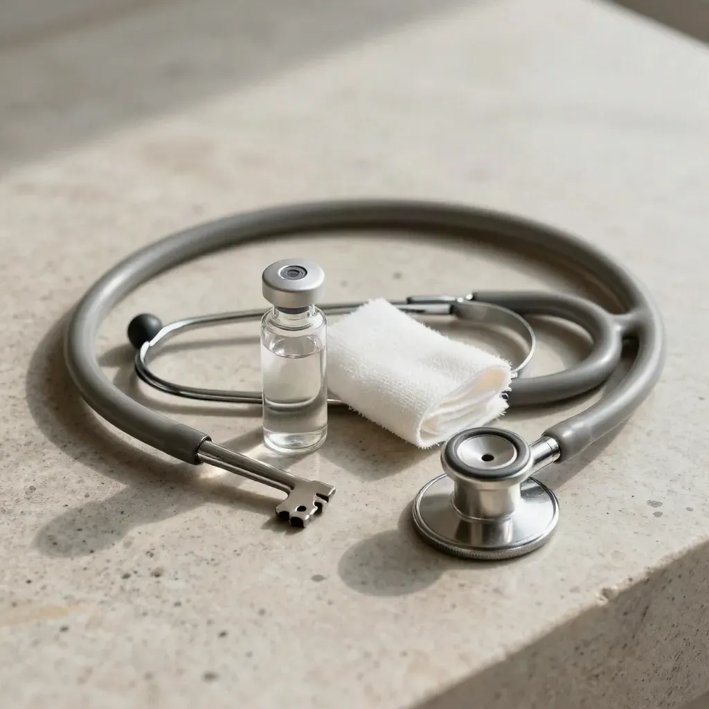 Stethoscope, medicine vial and folded bandage on brushed stone in soft clinical light.