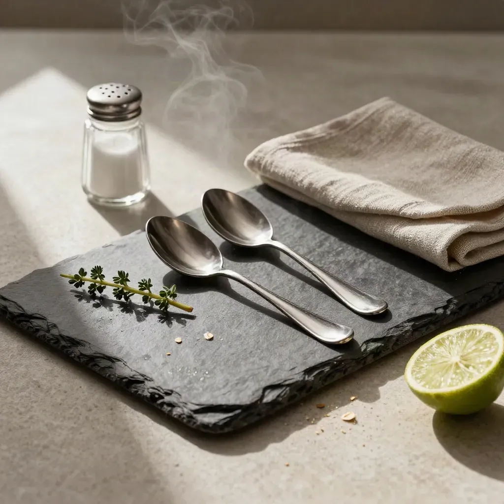 Slate tasting board, stainless spoons, salt cellar, linen napkin and herb sprig in warm steam.
