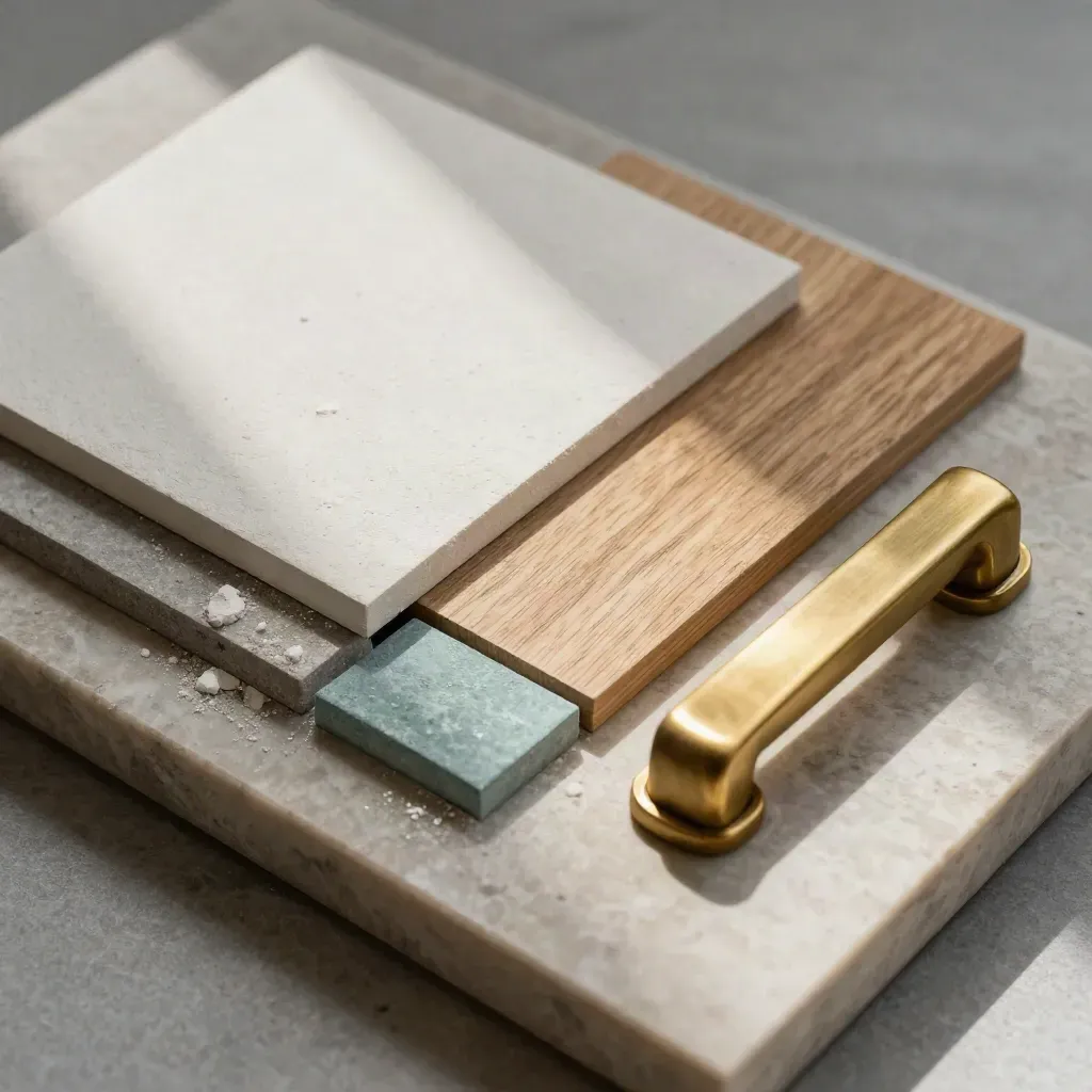 Macro flatlay of plaster samples, oak veneer, brass handle and teal accent on limestone