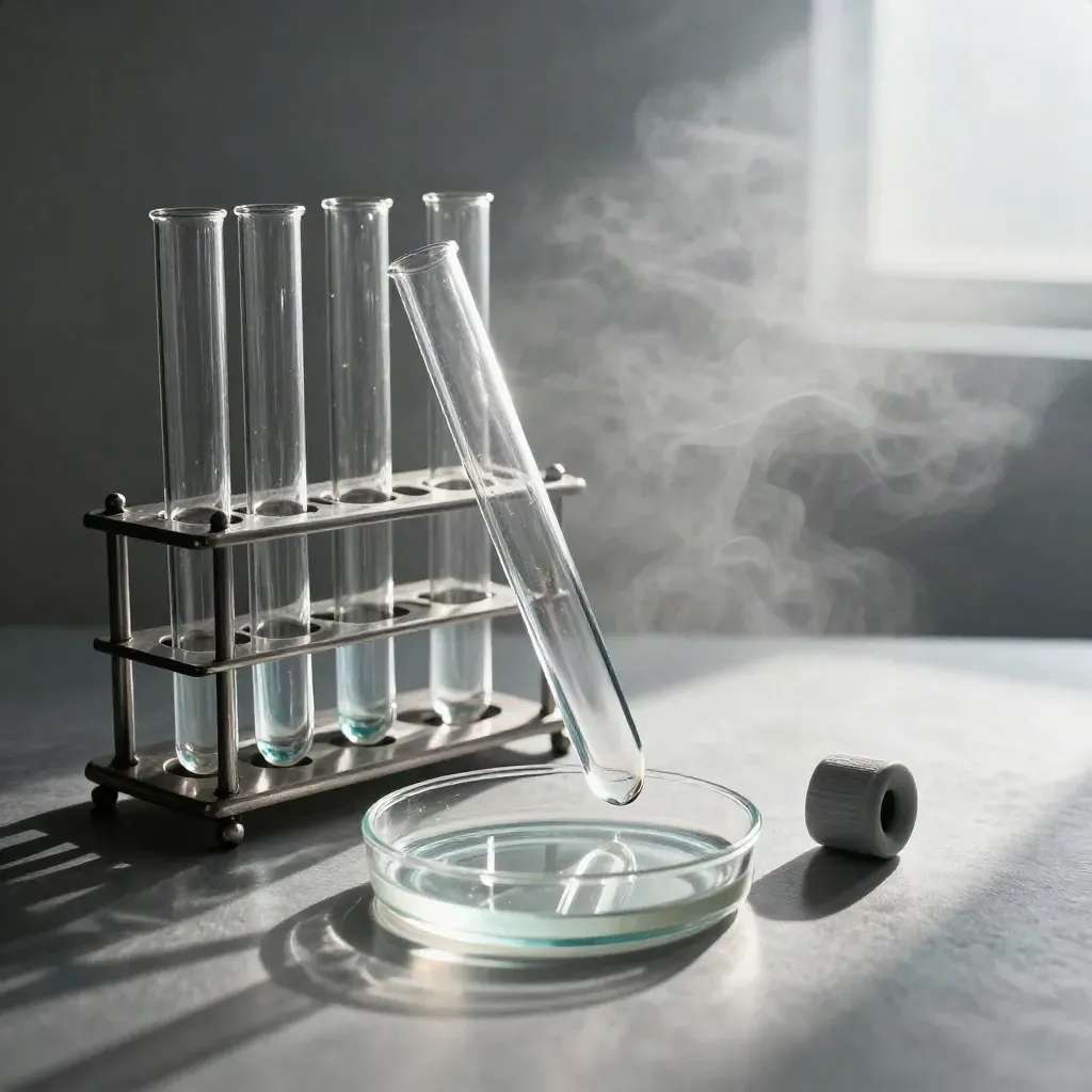 Test tubes, petri dish and rubber stopper on brushed metal with cool lab haze.