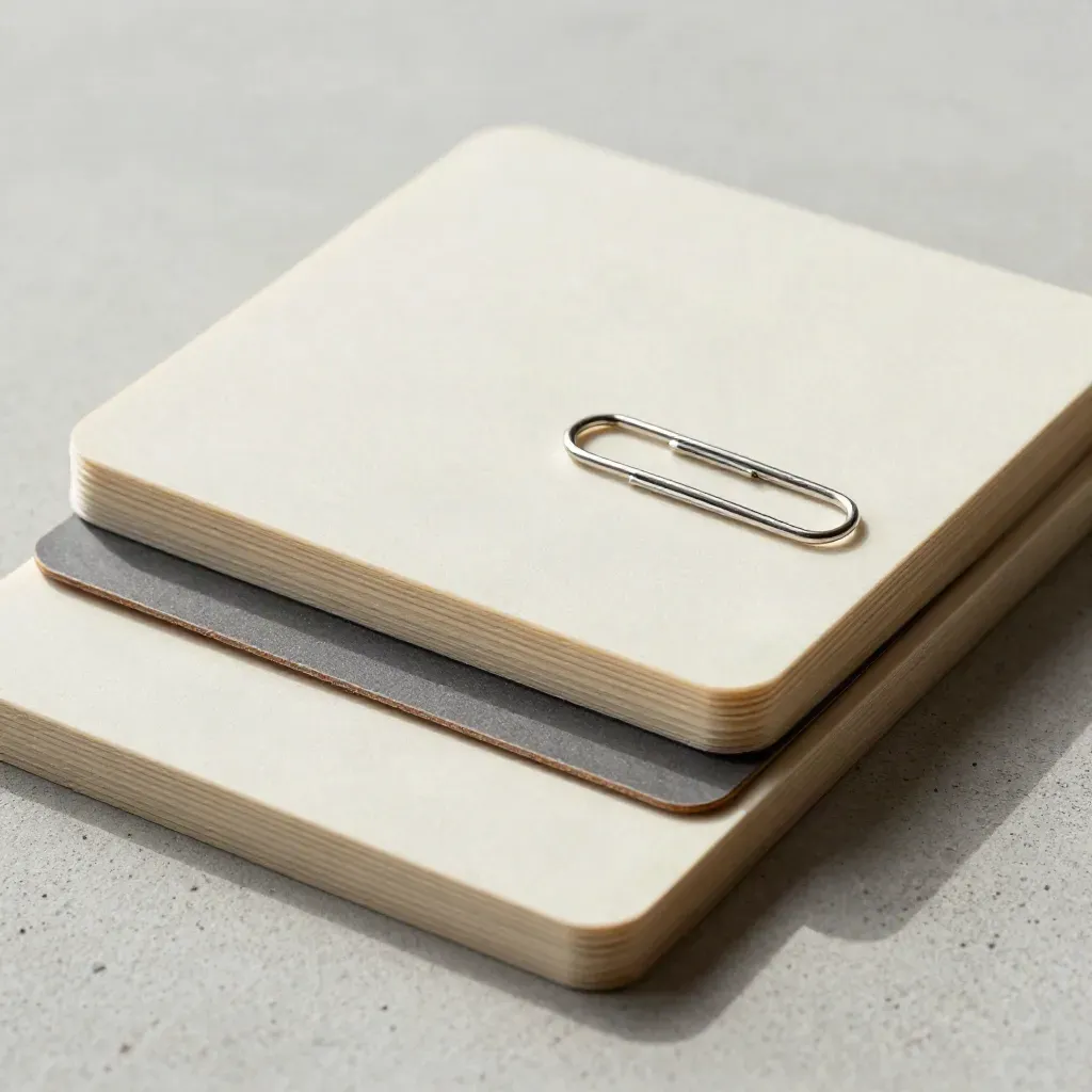 Ivory strategy cards, graphite divider, and paper clip on pale concrete, lit from upper left