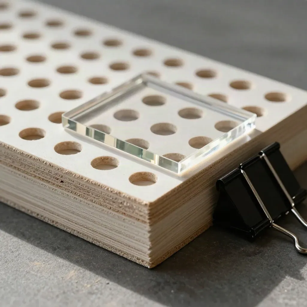 Macro still life of layout tiles, acrylic square and binder clip on graphite slab.