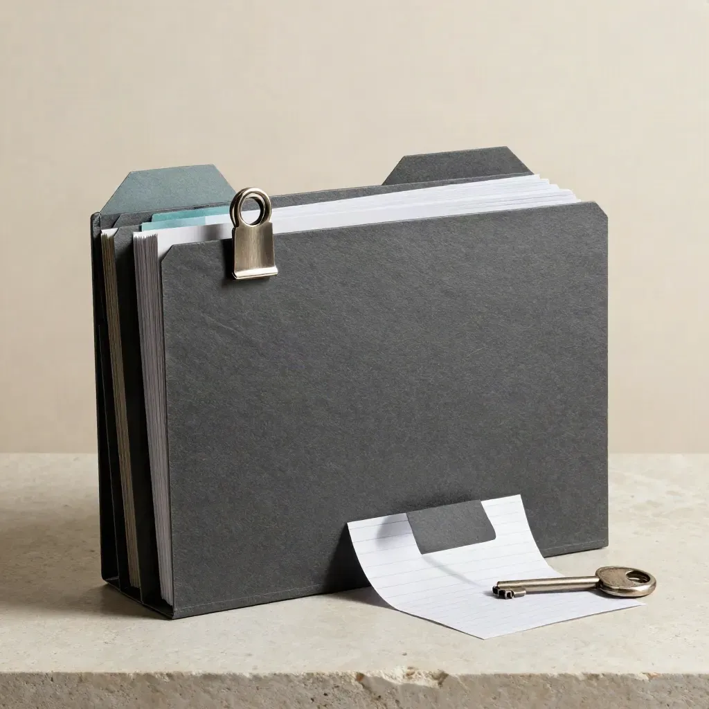 Stacked SEO audit folders with steel clip and face-down sample card on pale stone, lit dramatically.