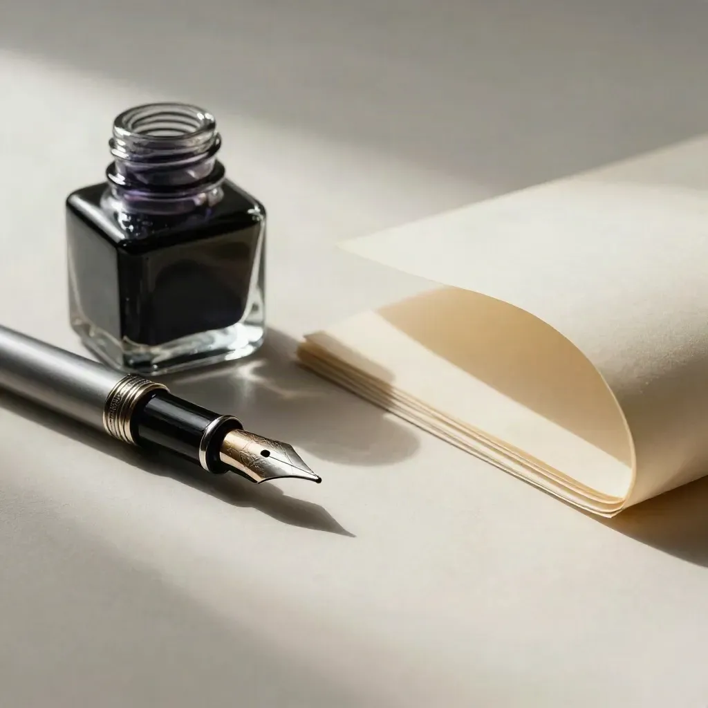 Fountain pen nib with ink drop, open ink bottle and blank manuscript sheet on cream surface.