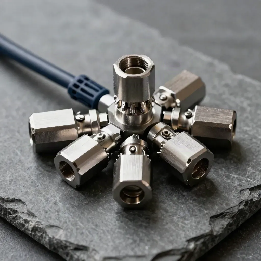 Overhead macro of machined connectors, cable plug, and modular blocks on a graphite surface.