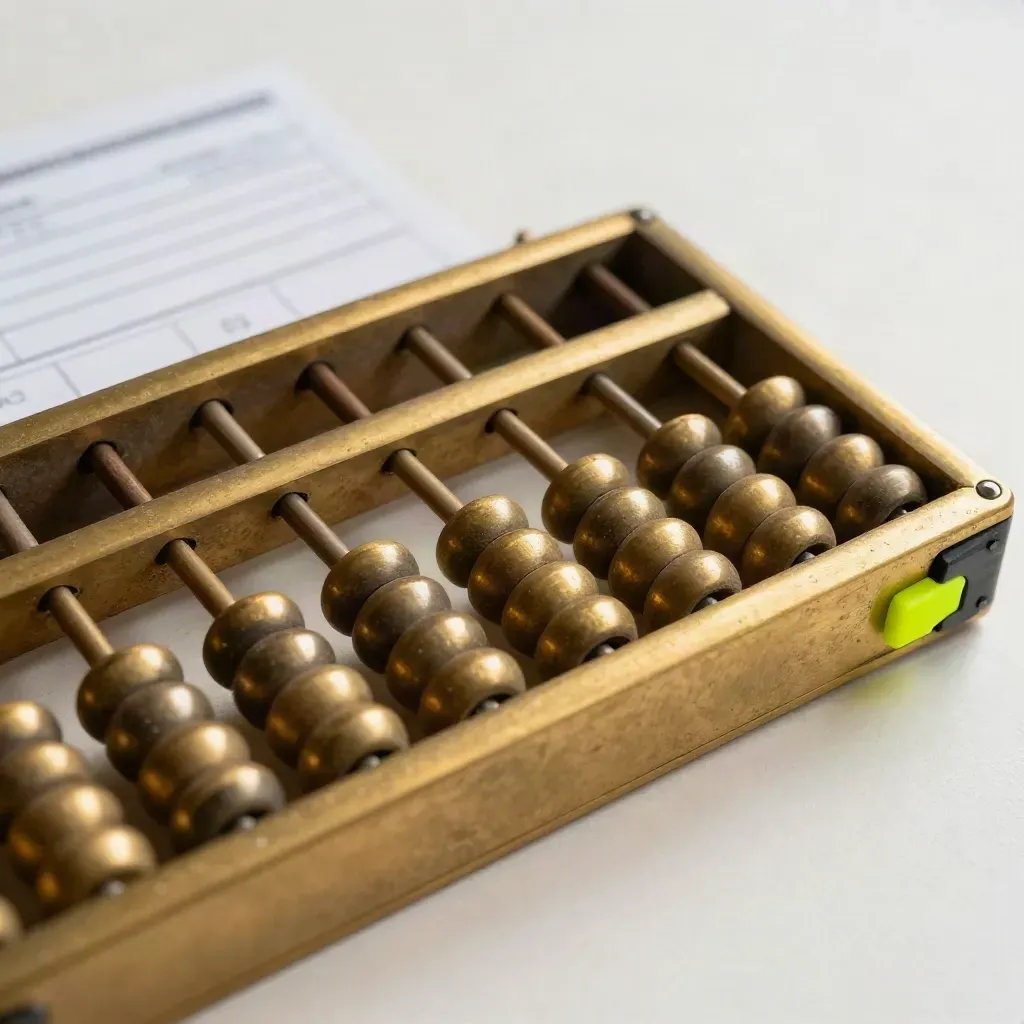 Top-down macro of a brass abacus, tally chips, and a face-down report card on pale plaster