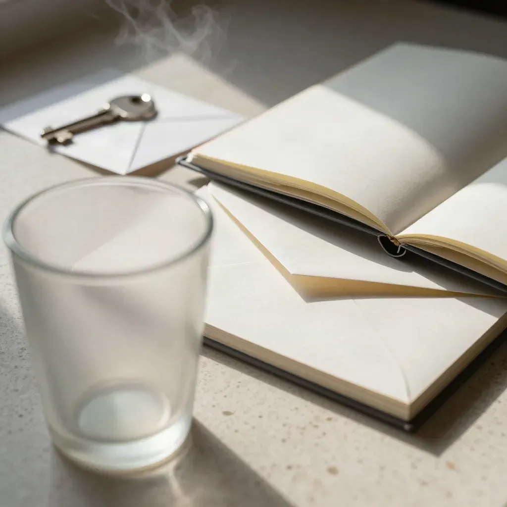 Frosted tumbler, sealed envelope, blank notebook and folded sitemap cards on travertine.