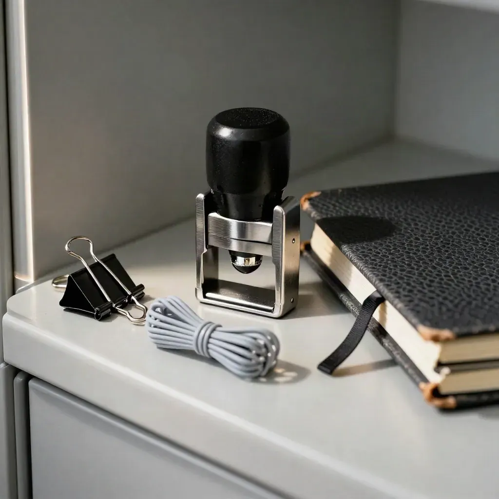 Macro still life of office admin tools on brushed metal: stamp, binder clips, cable ties, pocket notebook.