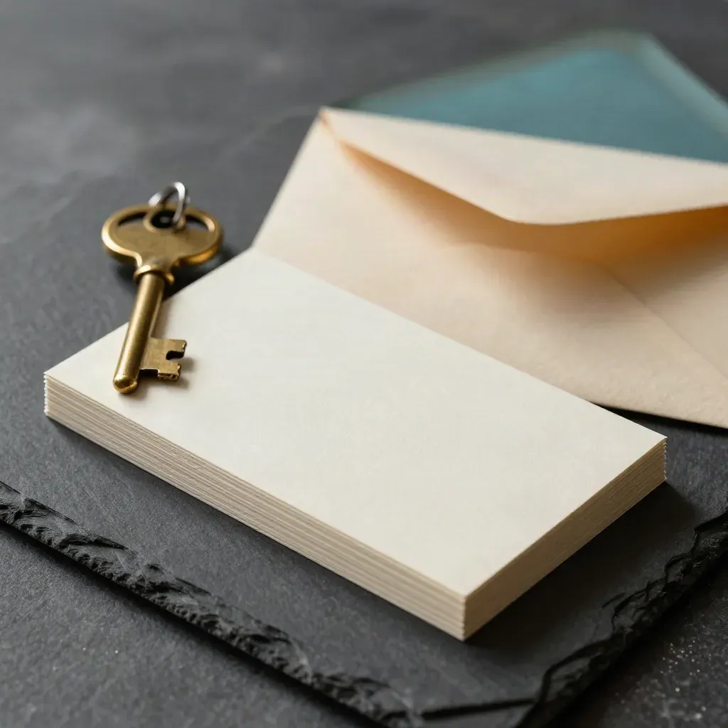 Brass key ring, contact cards, and an open envelope on dark slate in soft window light.