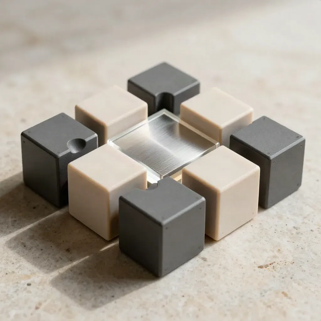 Macro square of graphite blocks, acrylic spacer and alignment plate on warm limestone