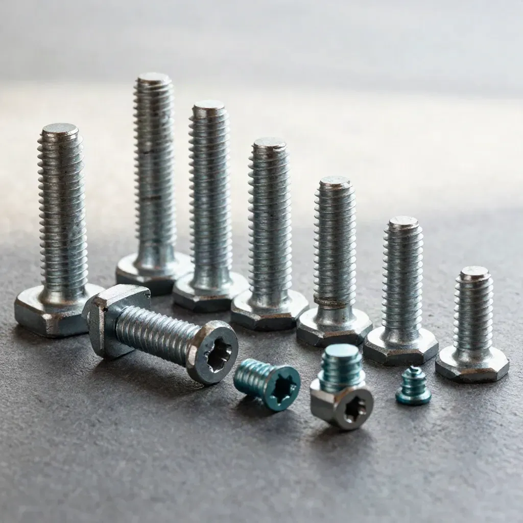 Macro still life of metal connectors, brackets, and fasteners in graphite and teal.