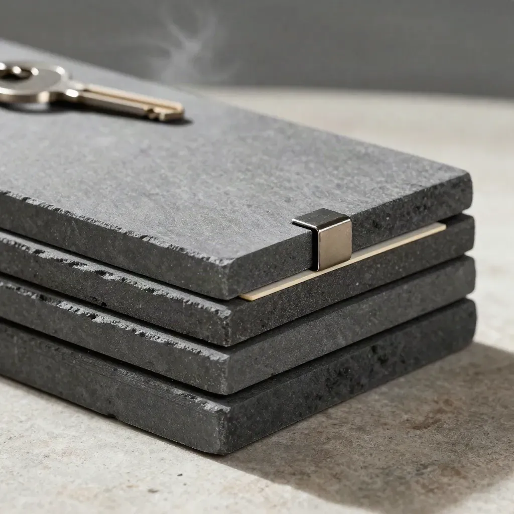 Matte graphite blocks, divider sheet and magnetic clip on pale stone under dramatic studio light.