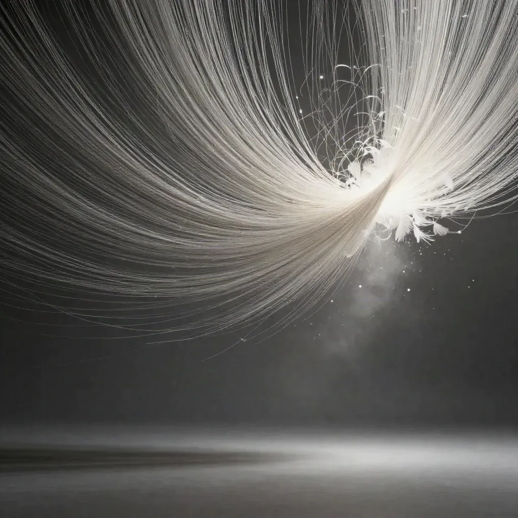 Silver light filaments converge into a white bloom in dark graphite haze.